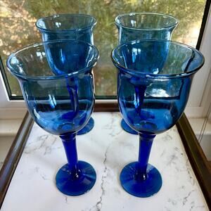 Vintage Mexican Blue Glass Goblets Set of 4 Tall Stemware